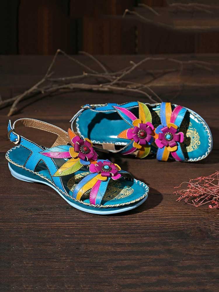 Vintage Embossing Flowers Leather Stitching Sandals Sandals by Colorstepshoes – Don't Panic Shoes