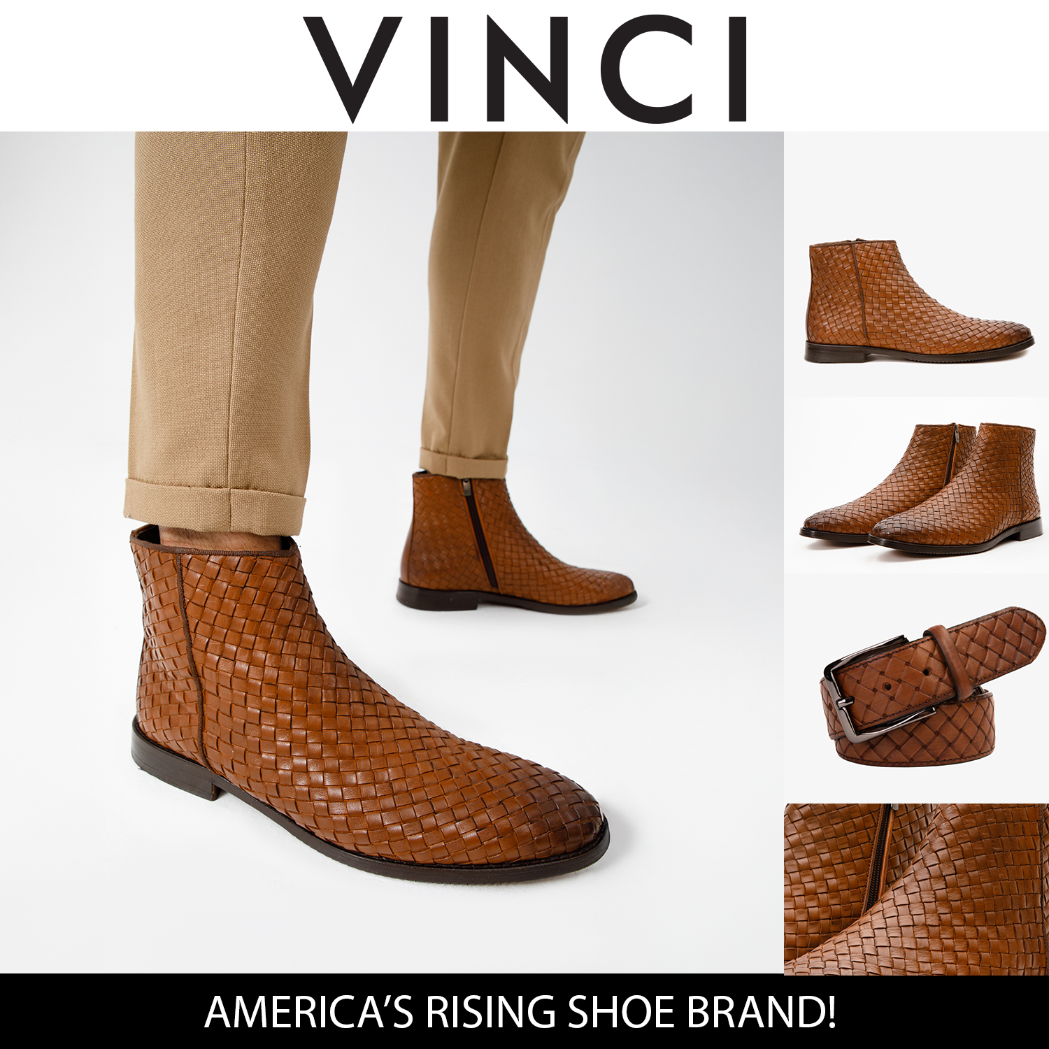 The Wellington Tan Handwoven Leather Men Boot with a Zipper