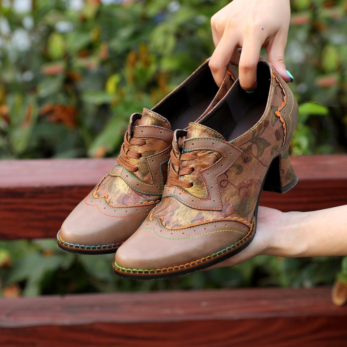 Women's Heels Handmade Shoes Vintage Wedding Party Floral Kitten Heel Round Toe Elegant Premium Leather Lace - Up Taupe Shoes Heels by Colorstepshoes – Don't Panic Shoes