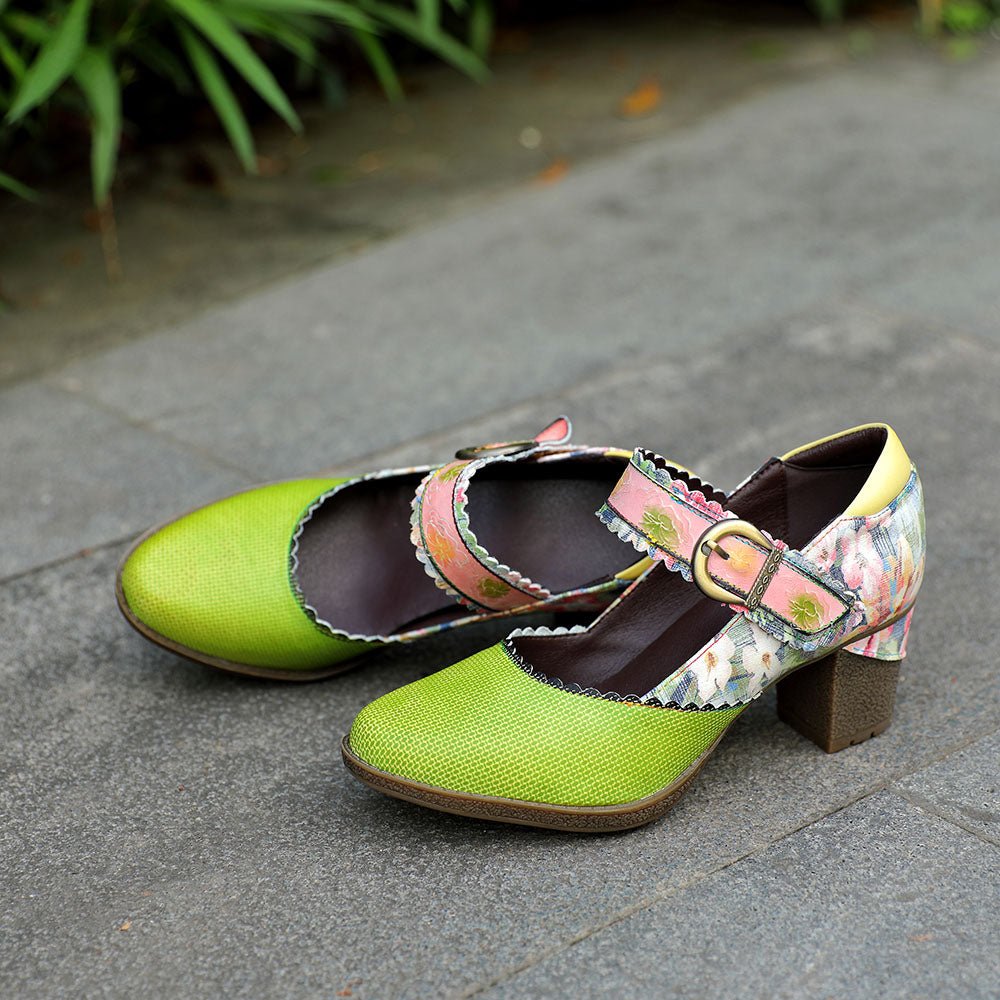 Women's Spring Heels Dress Shoes Party Round Toe Elegant Cowhide Loafer Green Pumps Pumps by Colorstepshoes – Don't Panic Shoes