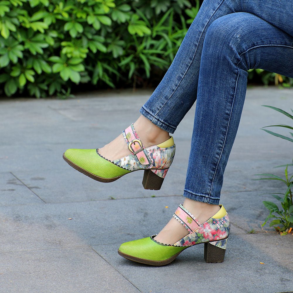 Women's Spring Heels Dress Shoes Party Round Toe Elegant Cowhide Loafer Green Pumps Pumps by Colorstepshoes – Don't Panic Shoes