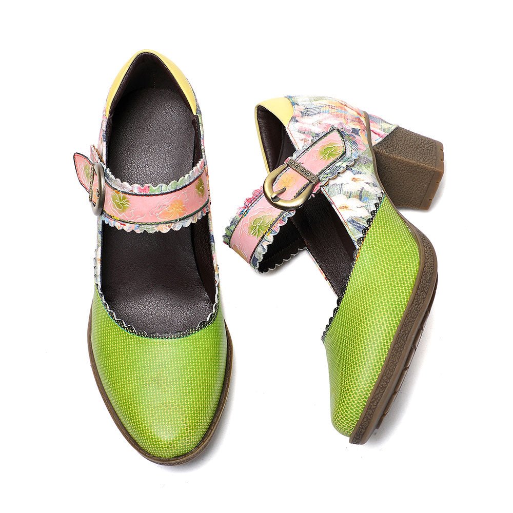 Women's Spring Heels Dress Shoes Party Round Toe Elegant Cowhide Loafer Green Pumps Pumps by Colorstepshoes – Don't Panic Shoes