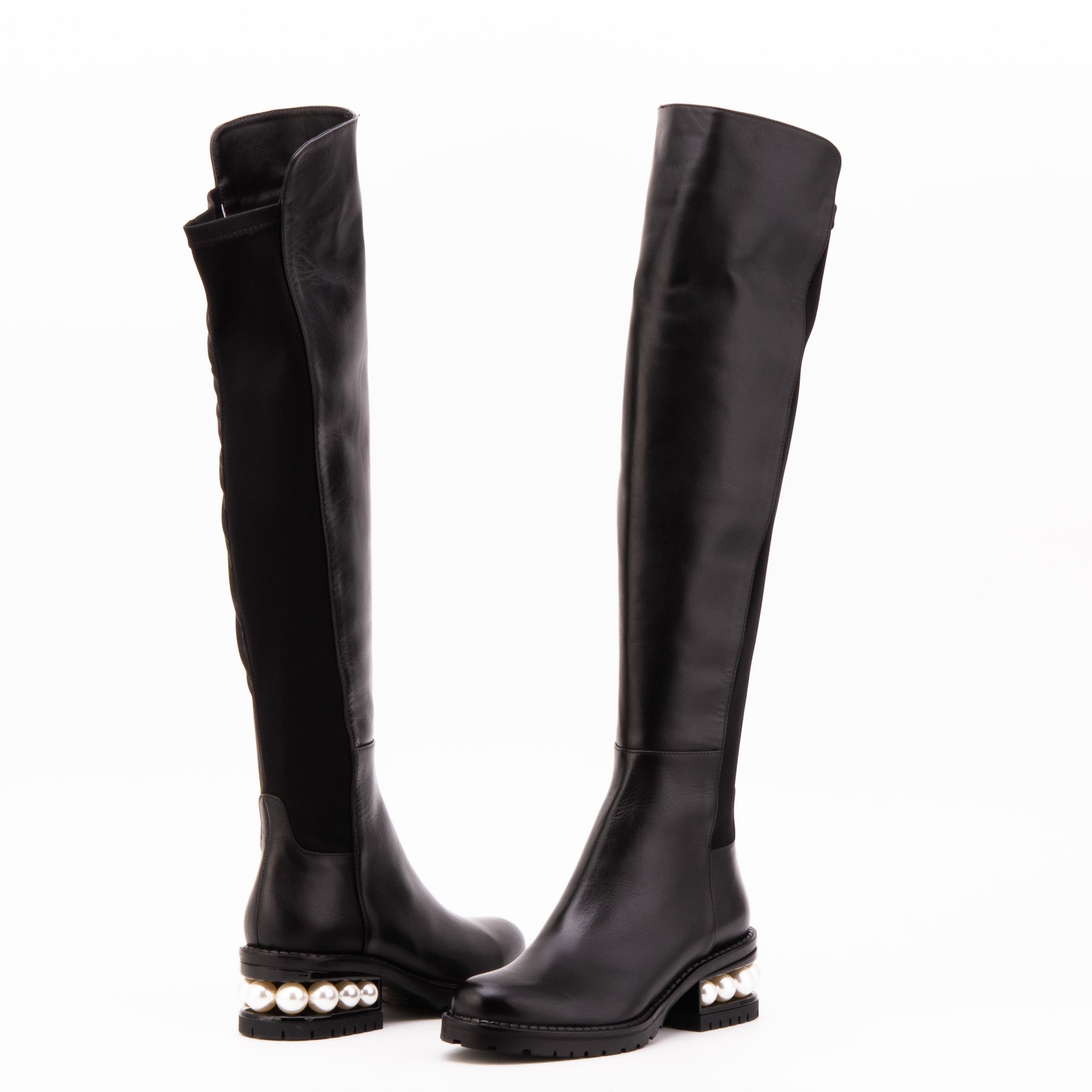 The Valeria Pearl Heel Knee-High Women Black Leather Boot