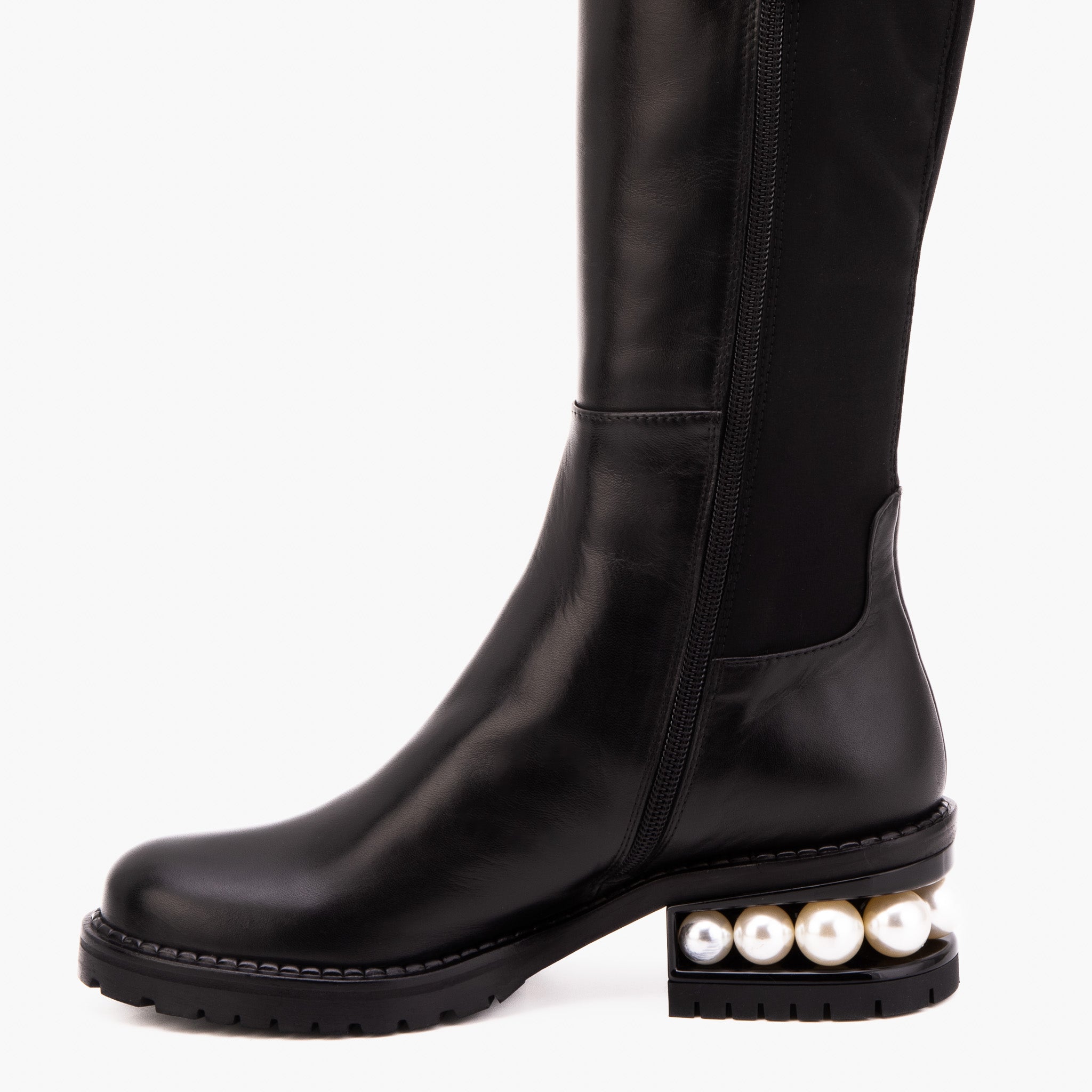 The Valeria Pearl Heel Knee-High Women Black Leather Boot