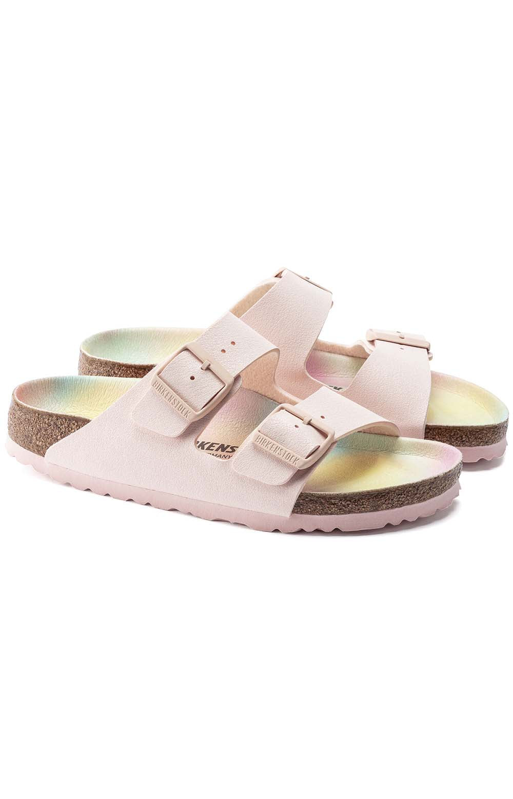 Pair of Arizona Vegan Sandals in light rose, showing the durable rubber sole