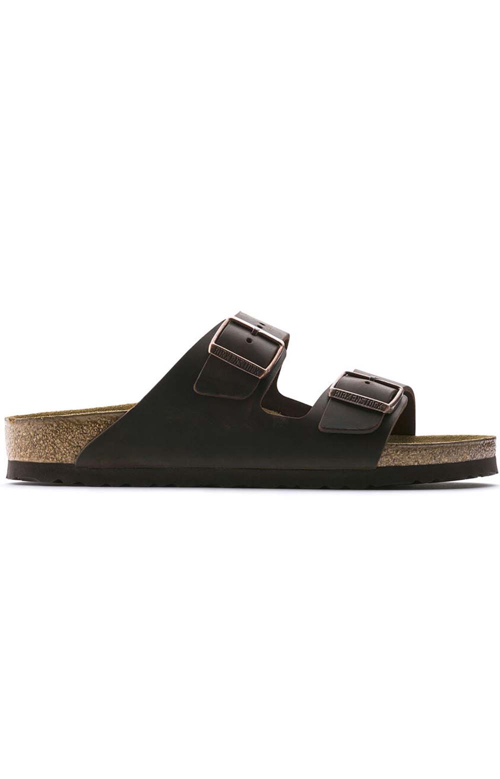 Alt text: Brown leather Birkenstock Arizona sandals with adjustable straps and contoured footbed