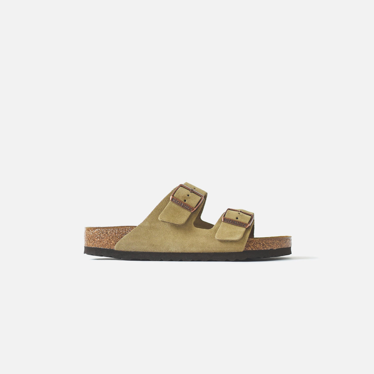 Women's Arizona Suede Taupe Birkenstock sandals with adjustable straps and contoured footbed