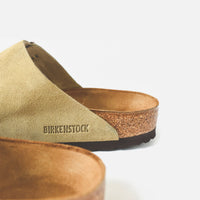 Thumbnail for A close-up image of Birkenstock Women's Arizona Suede Taupe sandals with adjustable straps and a comfortable footbed