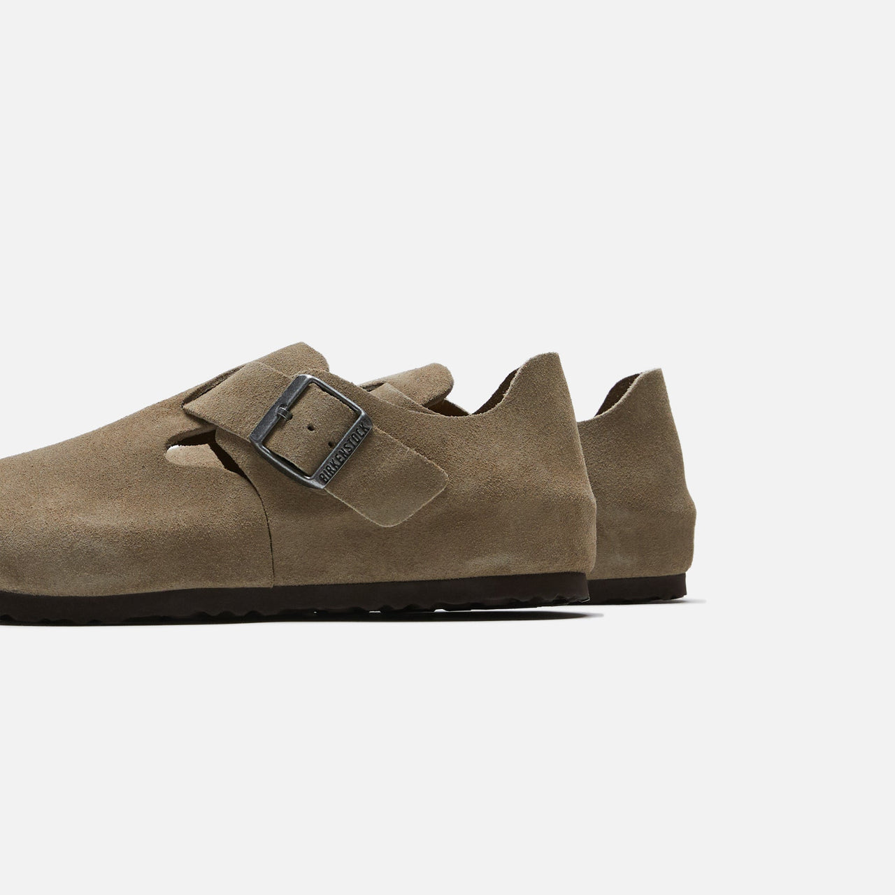 Stylish Birkenstock London Suede Taupe loafers with contoured cork footbed