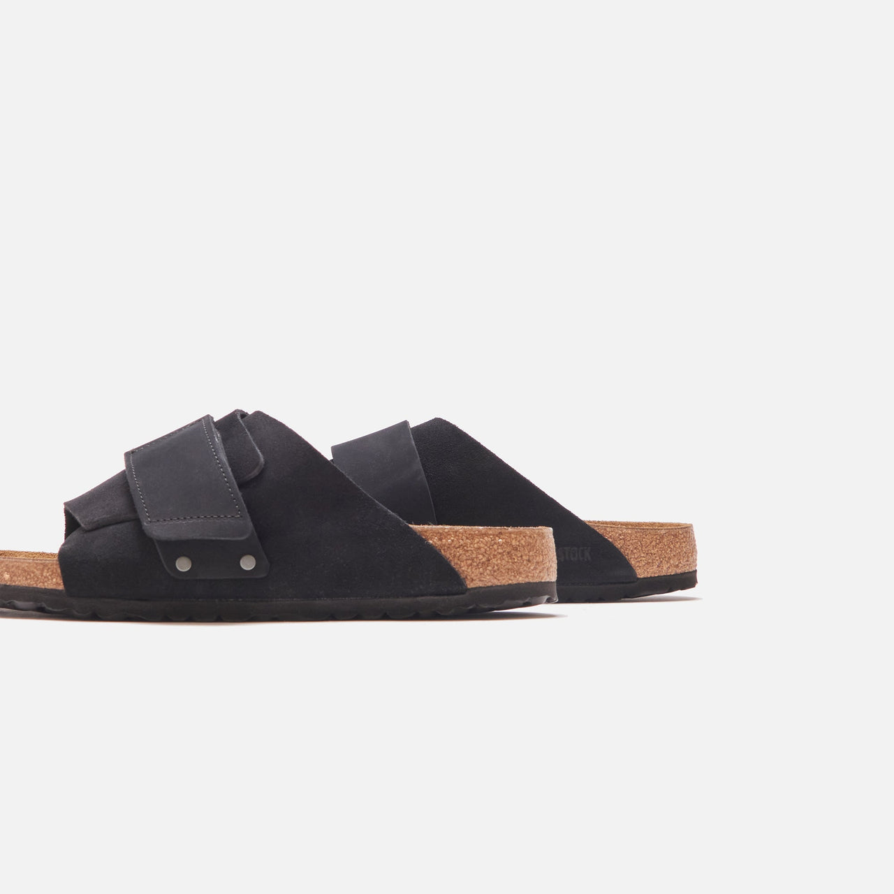 Close-up of Birkenstock Kyoto Suede Black sandal with soft suede material