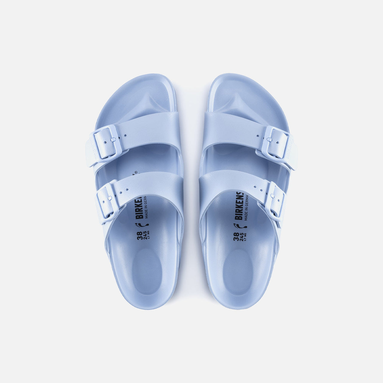  Detailed view of the Birkenstock Arizona Eva Dusty Blue sandals, showcasing the adjustable straps and comfortable footbed
