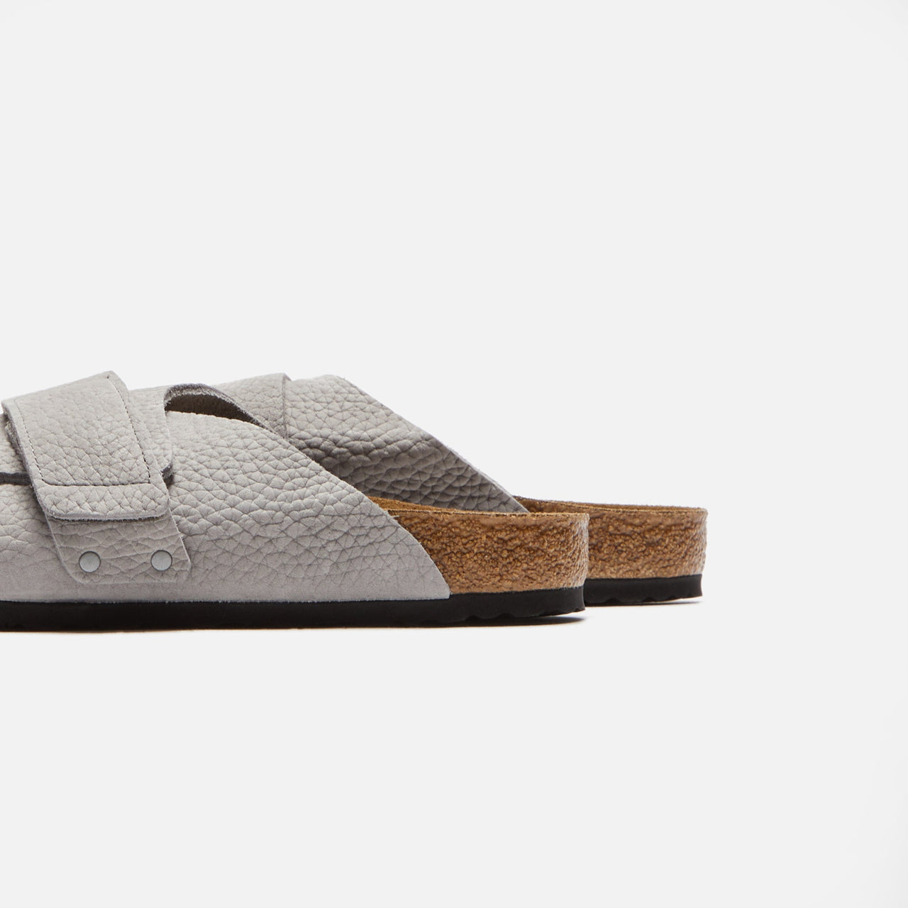 Side view of the Birkenstock Kyoto Nubuck Whale Grey sandal with adjustable buckle strap