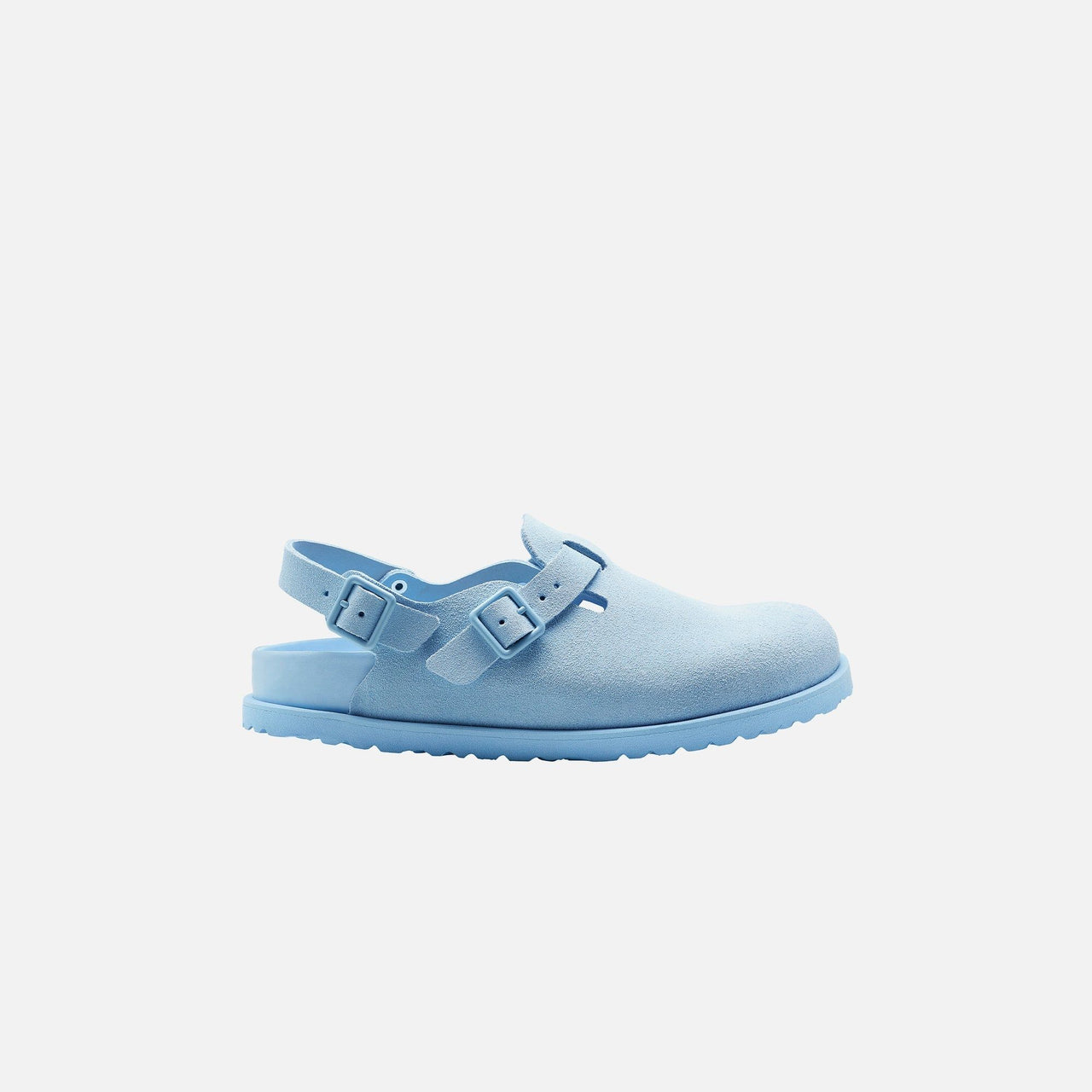 Birkenstock Tokio Suede Leather Powder Blue shoe from front angle