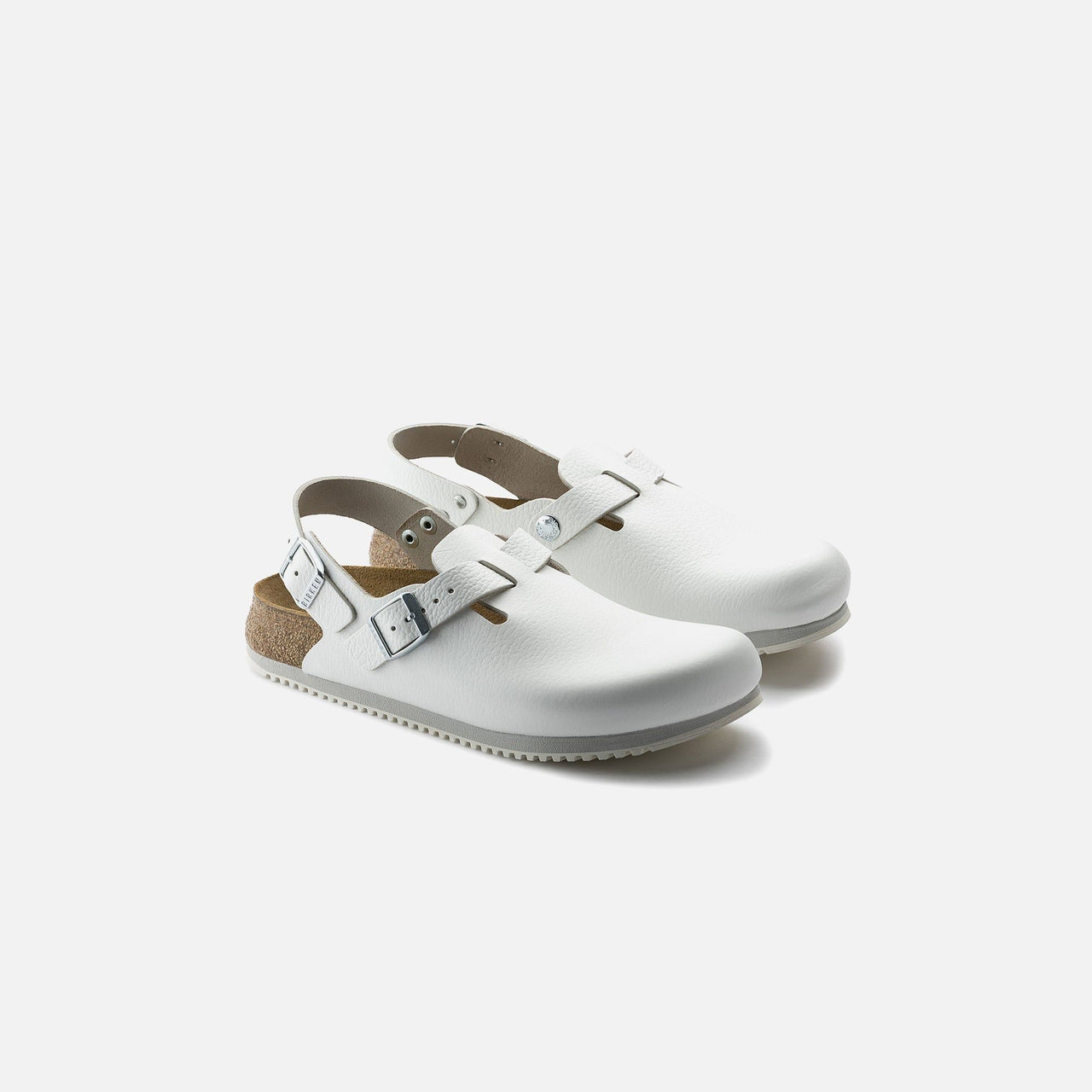 Professional white leather clogs with adjustable strap and supportive footbed