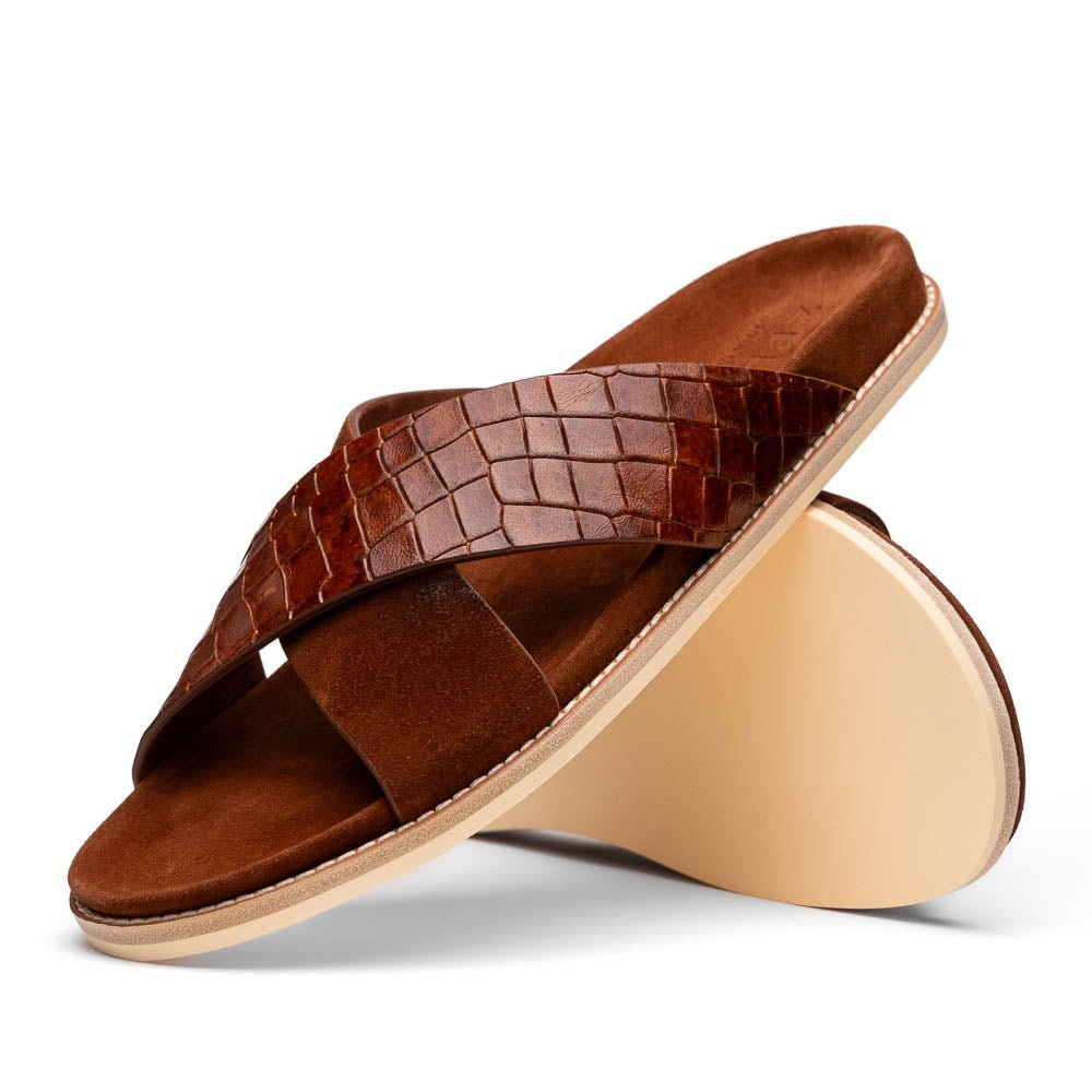 06 - 101 - Cgn Rena Italian Goatskin Suede Croc Embossed Slide Cognac by Zelli Italia – Don't Panic Shoes