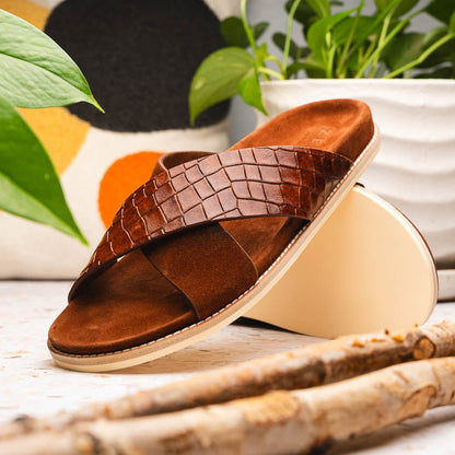 06 - 101 - Cgn Rena Italian Goatskin Suede Croc Embossed Slide Cognac by Zelli Italia – Don't Panic Shoes