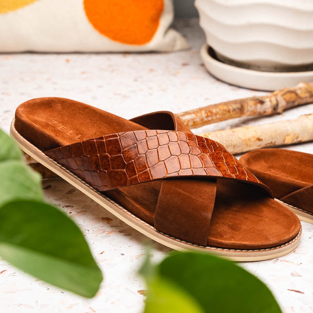 06 - 101 - Cgn Rena Italian Goatskin Suede Croc Embossed Slide Cognac by Zelli Italia – Don't Panic Shoes