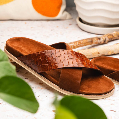 06 - 101 - Cgn Rena Italian Goatskin Suede Croc Embossed Slide Cognac by Zelli Italia – Don't Panic Shoes