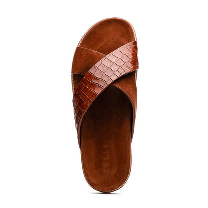 06 - 101 - Cgn Rena Italian Goatskin Suede Croc Embossed Slide Cognac by Zelli Italia – Don't Panic Shoes