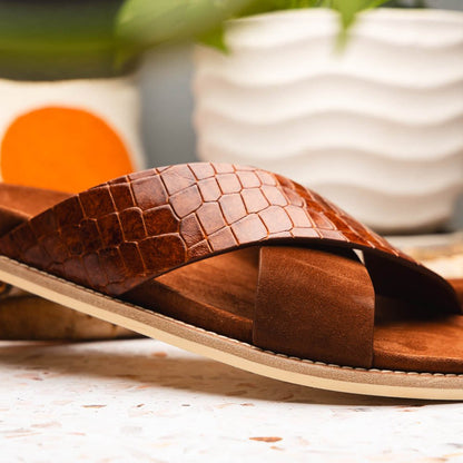 06 - 101 - Cgn Rena Italian Goatskin Suede Croc Embossed Slide Cognac by Zelli Italia – Don't Panic Shoes