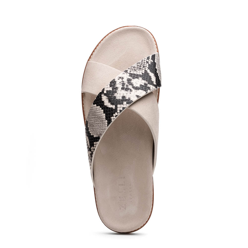 06 - 105 - Tpe Rena Italian Goatskin Suede Python Embossed Slide Taupe by Zelli Italia – Don't Panic Shoes