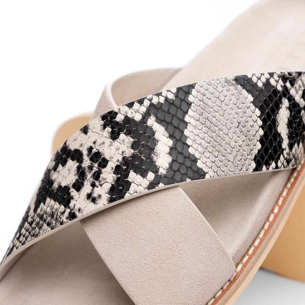 06 - 105 - Tpe Rena Italian Goatskin Suede Python Embossed Slide Taupe by Zelli Italia – Don't Panic Shoes