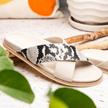 06 - 105 - Tpe Rena Italian Goatskin Suede Python Embossed Slide Taupe by Zelli Italia – Don't Panic Shoes