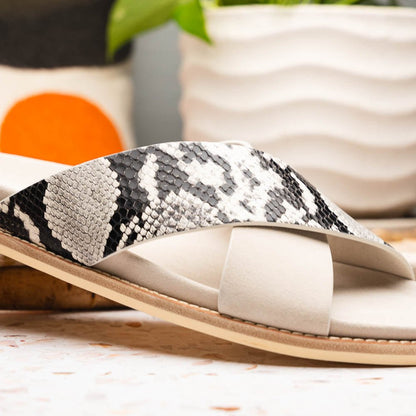 06 - 105 - Tpe Rena Italian Goatskin Suede Python Embossed Slide Taupe by Zelli Italia – Don't Panic Shoes