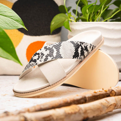 06 - 105 - Tpe Rena Italian Goatskin Suede Python Embossed Slide Taupe by Zelli Italia – Don't Panic Shoes