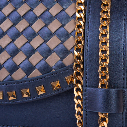 The Dosso Navy Blue and Beige Handwoven Leather Handbag