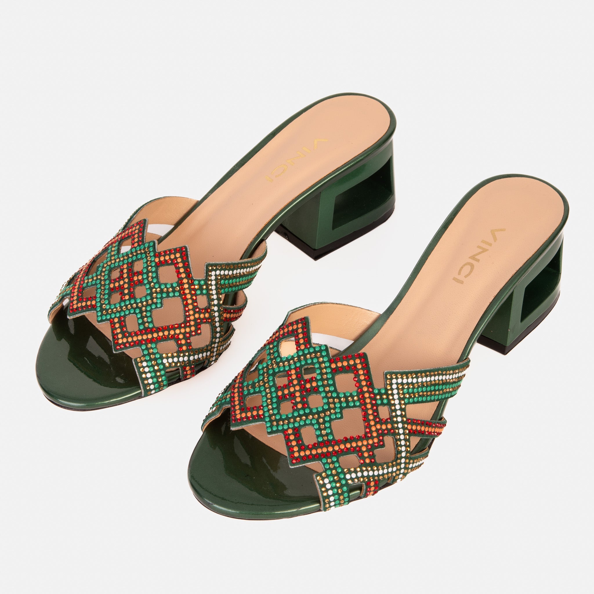 The Palma Green Glitter Leather Block Heel Women Sandal