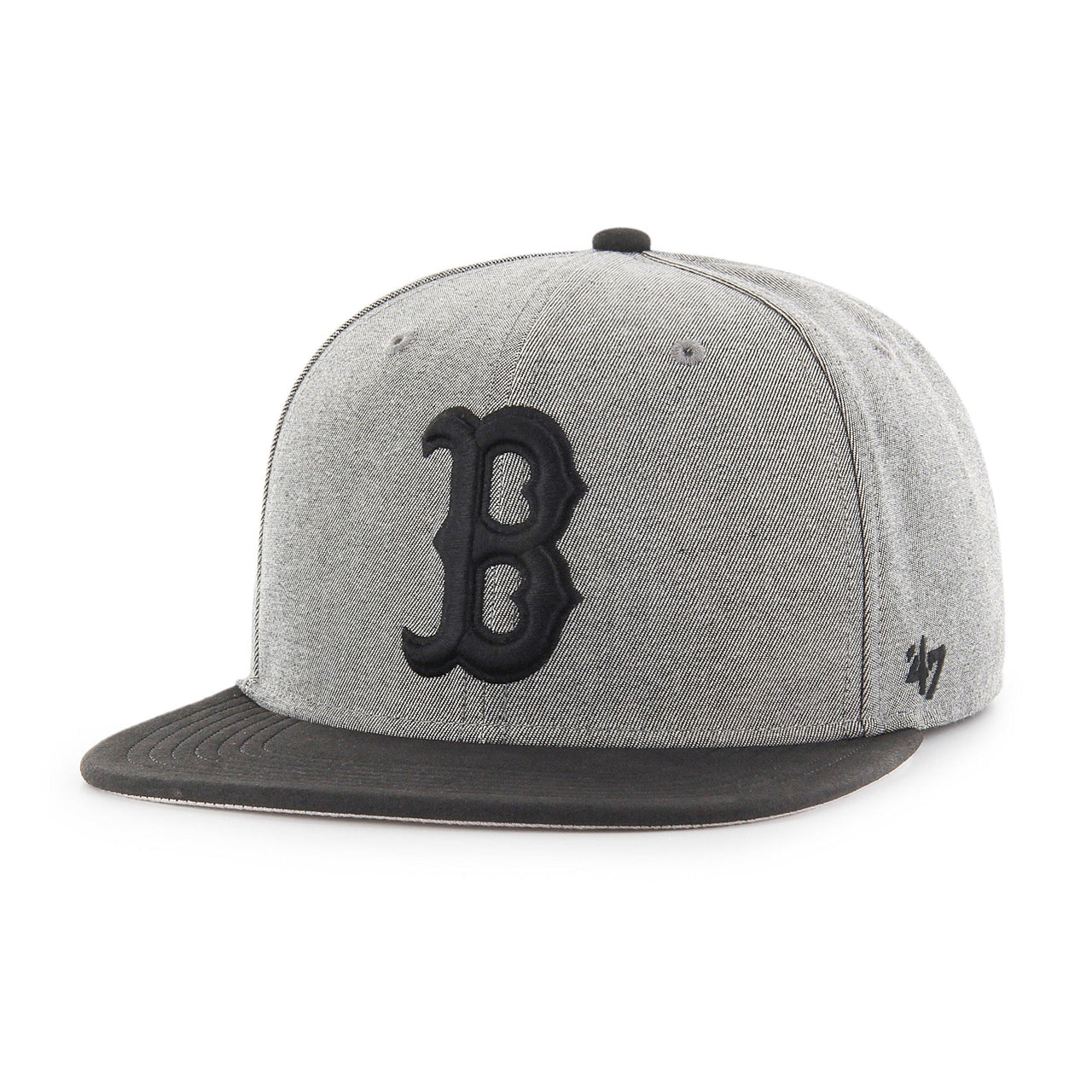 Mens 47 Brand Boston Red Sox Captain Snapback in Grey and Black with adjustable strap and team logo embroidery 