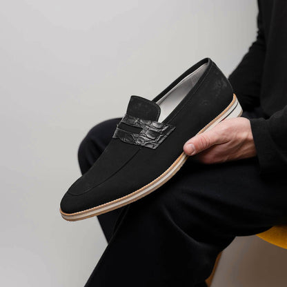 11 - 020 - Blk Meo 3 Sueded Goatskin Penny Loafer, Black Sale by Zelli Italia – Don't Panic Shoes