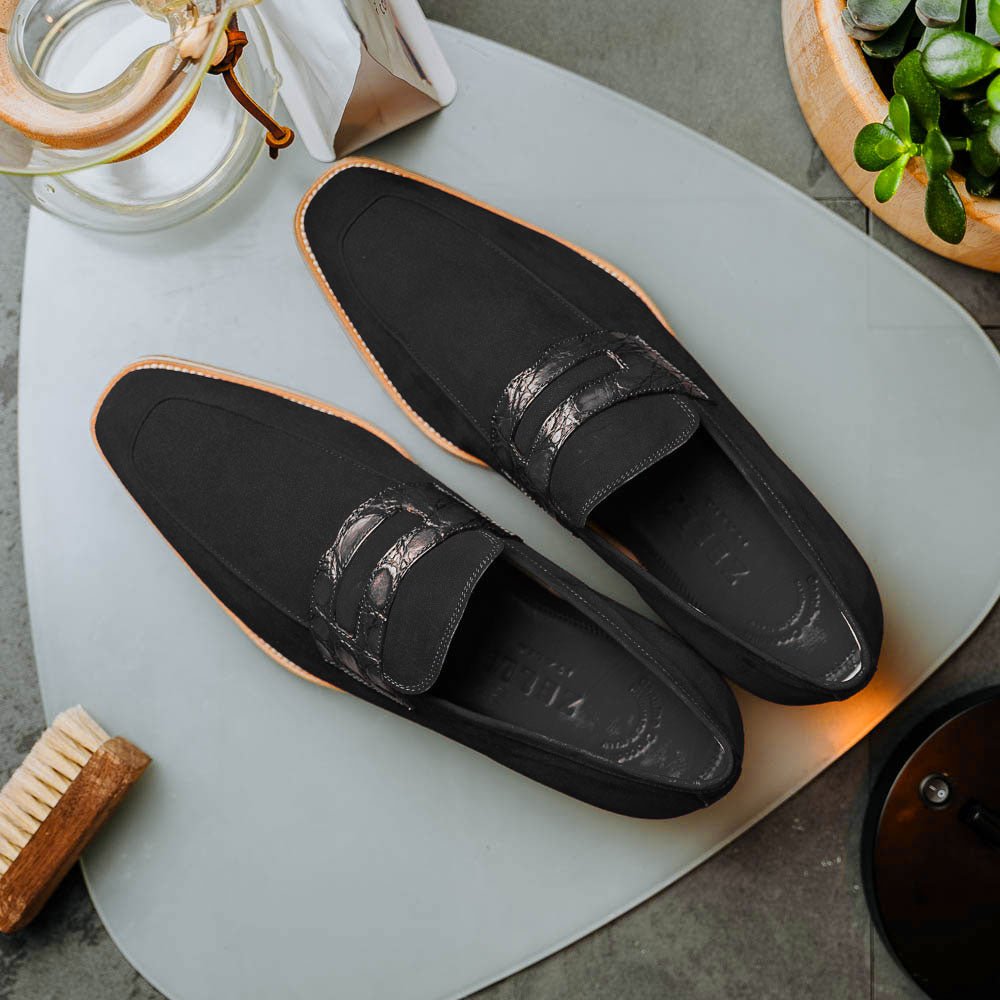 11 - 020 - Blk Meo 3 Sueded Goatskin Penny Loafer, Black Sale by Zelli Italia – Don't Panic Shoes