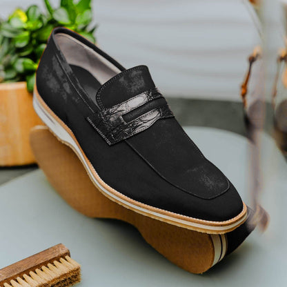 11 - 020 - Blk Meo 3 Sueded Goatskin Penny Loafer, Black Sale by Zelli Italia – Don't Panic Shoes