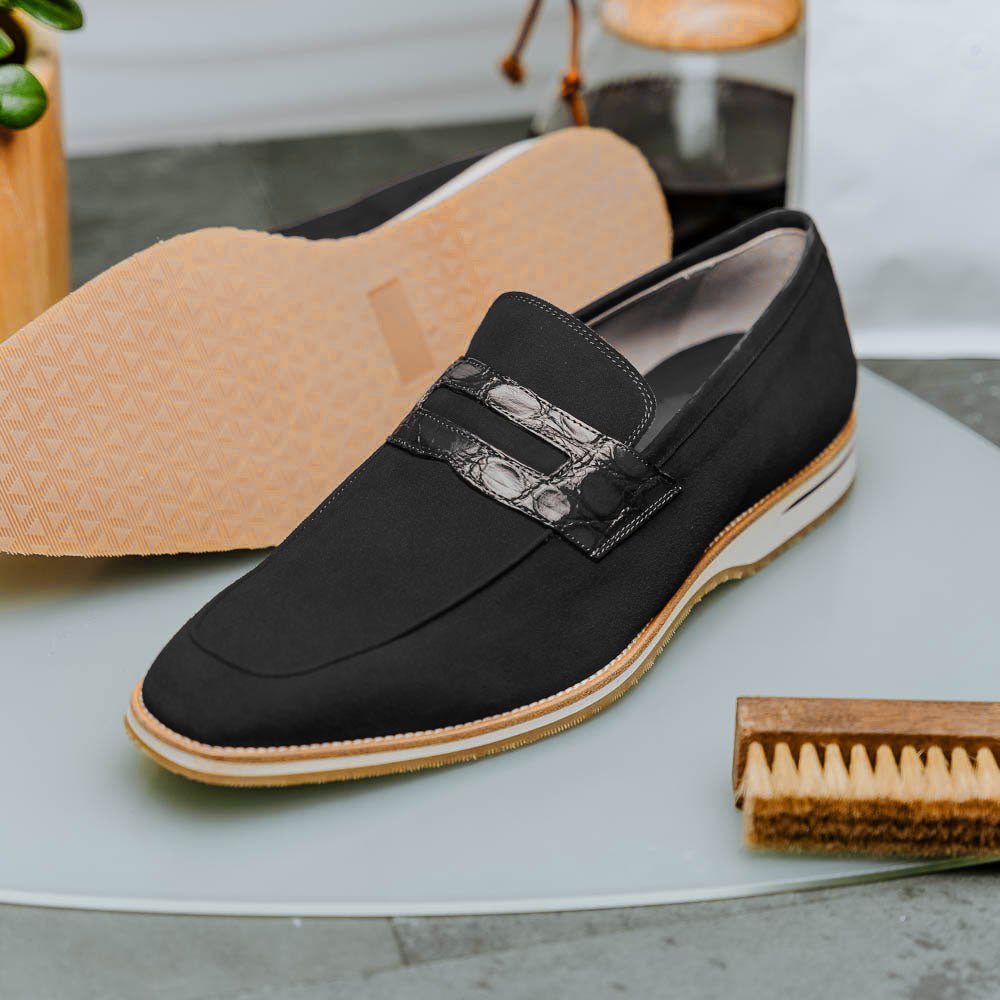 11 - 020 - Blk Meo 3 Sueded Goatskin Penny Loafer, Black Sale by Zelli Italia – Don't Panic Shoes