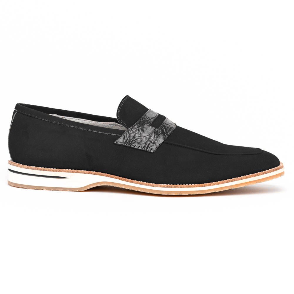 11 - 020 - Blk Meo 3 Sueded Goatskin Penny Loafer, Black Sale by Zelli Italia – Don't Panic Shoes