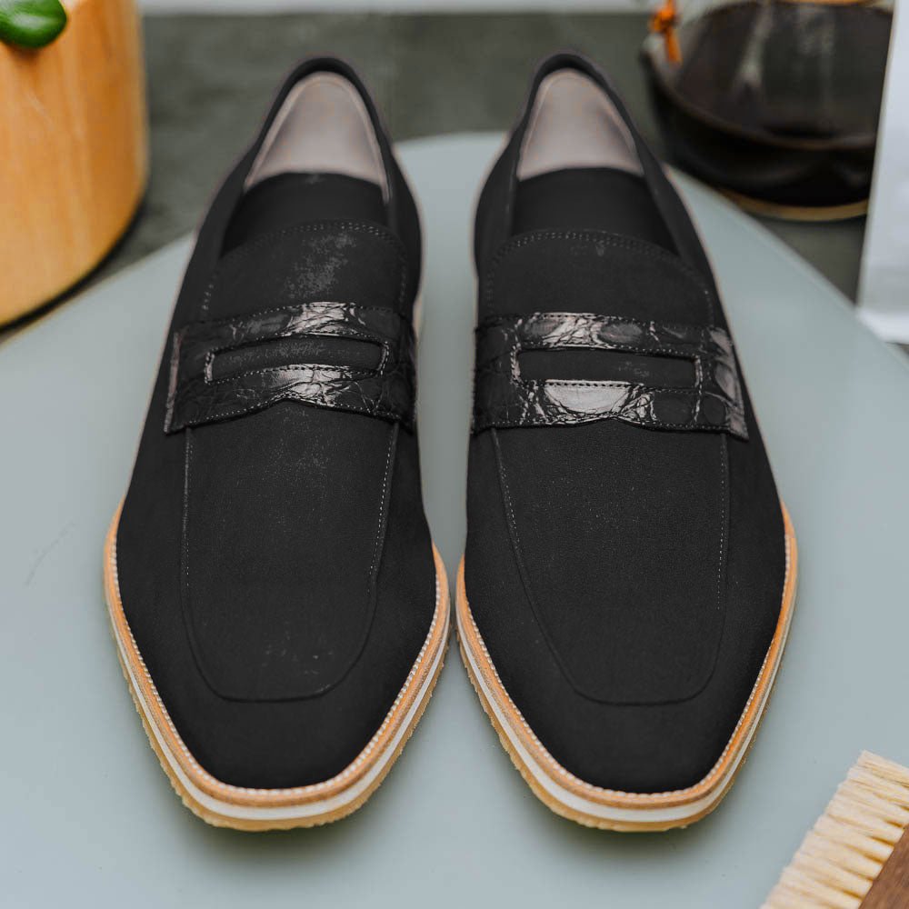 11 - 020 - Blk Meo 3 Sueded Goatskin Penny Loafer, Black Sale by Zelli Italia – Don't Panic Shoes