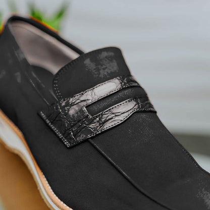 11 - 020 - Blk Meo 3 Sueded Goatskin Penny Loafer, Black Sale by Zelli Italia – Don't Panic Shoes