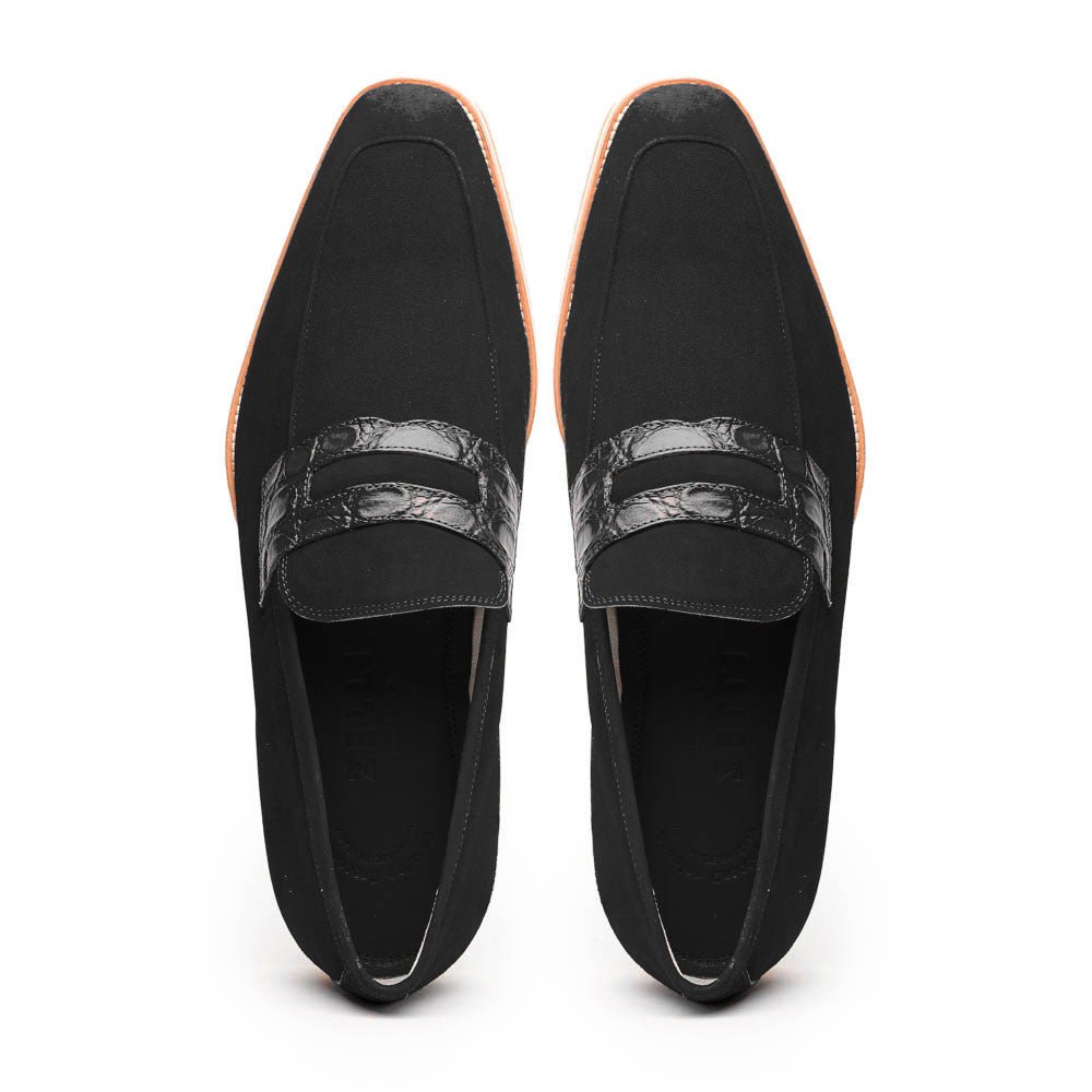 11 - 020 - Blk Meo 3 Sueded Goatskin Penny Loafer, Black Sale by Zelli Italia – Don't Panic Shoes