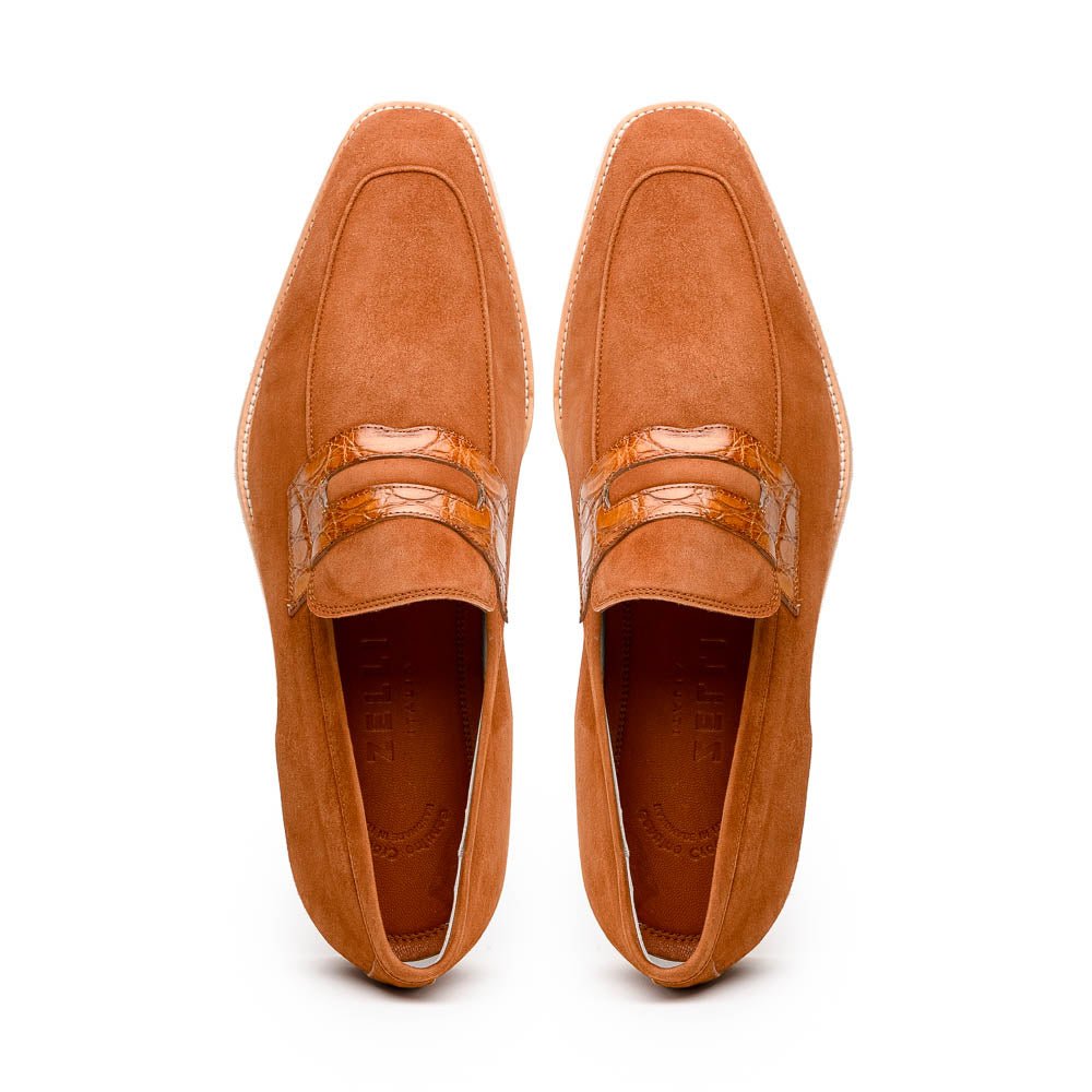 11 - 020 - Cgn Meo 3 Sueded Goatskin Penny Loafer, Cognac Shop by Zelli Italia – Don't Panic Shoes