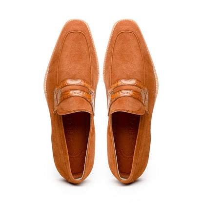 11 - 020 - Cgn Meo 3 Sueded Goatskin Penny Loafer, Cognac Shop by Zelli Italia – Don't Panic Shoes