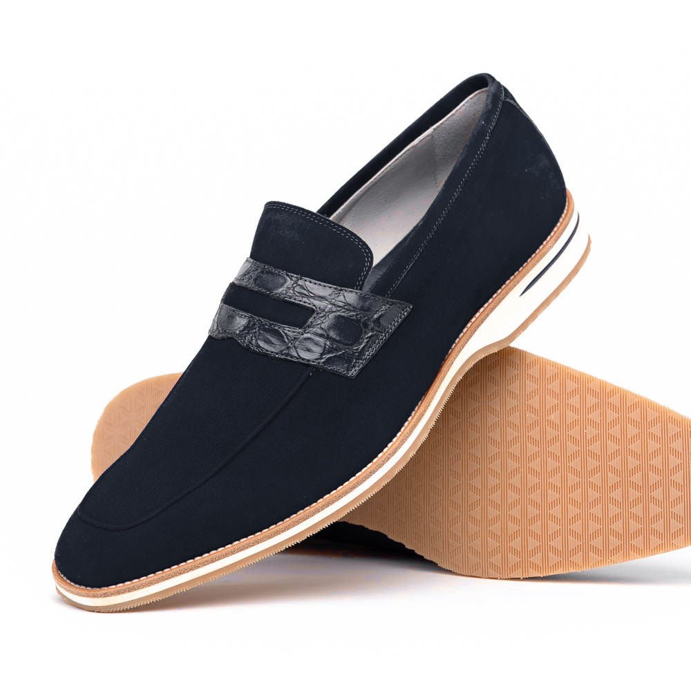 11 - 020 - Nvy Meo 3 Sueded Goatskin Penny Loafer, Navy Shop by Zelli Italia – Don't Panic Shoes