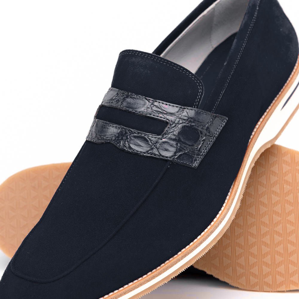 11 - 020 - Nvy Meo 3 Sueded Goatskin Penny Loafer, Navy Shop by Zelli Italia – Don't Panic Shoes