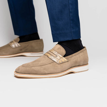 11 - 020 - Tpe Meo 3 Sueded Goatskin Penny Loafer, Taupe Shop by Zelli Italia – Don't Panic Shoes