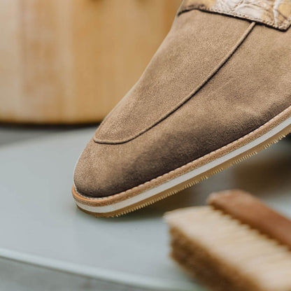 11 - 020 - Tpe Meo 3 Sueded Goatskin Penny Loafer, Taupe Shop by Zelli Italia – Don't Panic Shoes