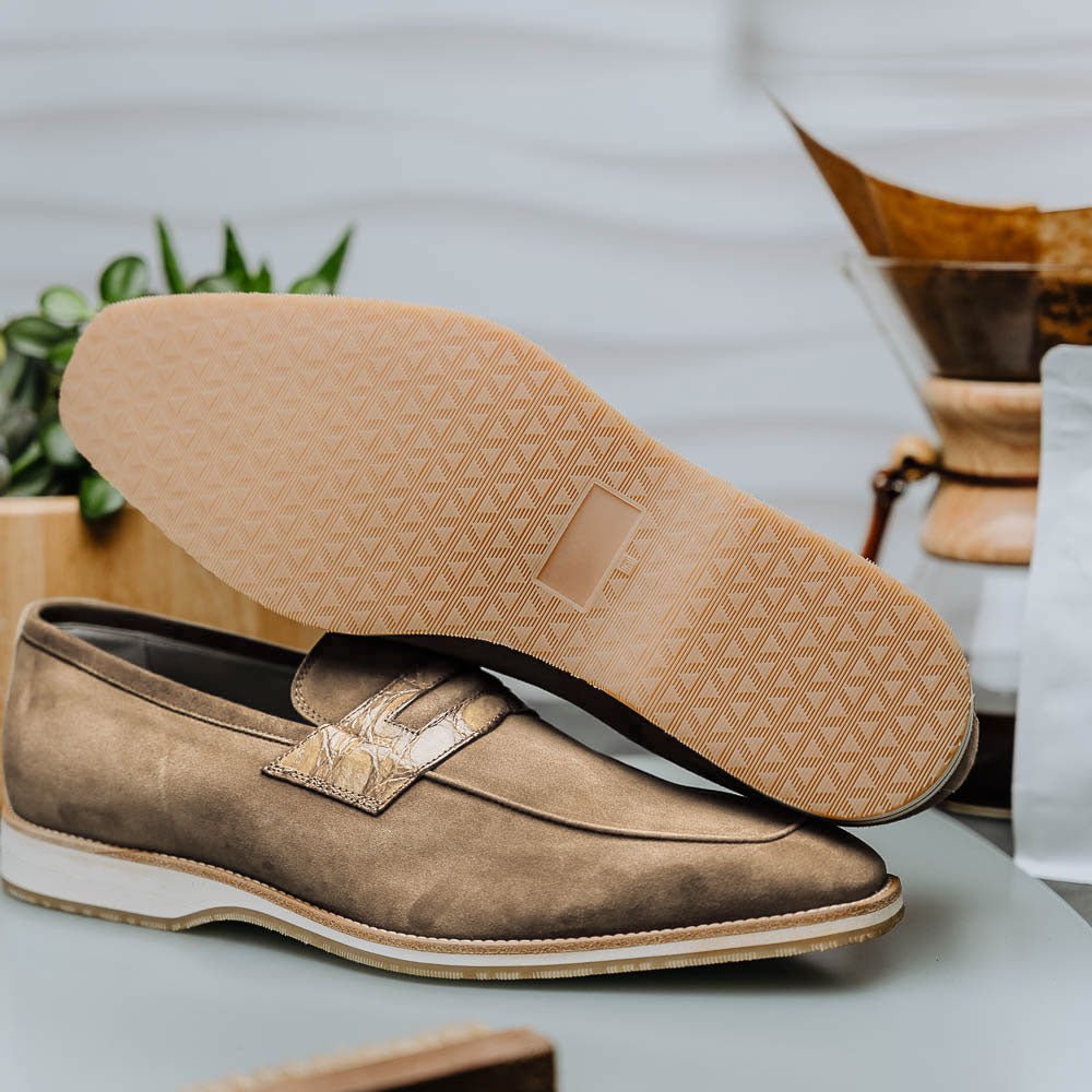 11 - 020 - Tpe Meo 3 Sueded Goatskin Penny Loafer, Taupe Shop by Zelli Italia – Don't Panic Shoes