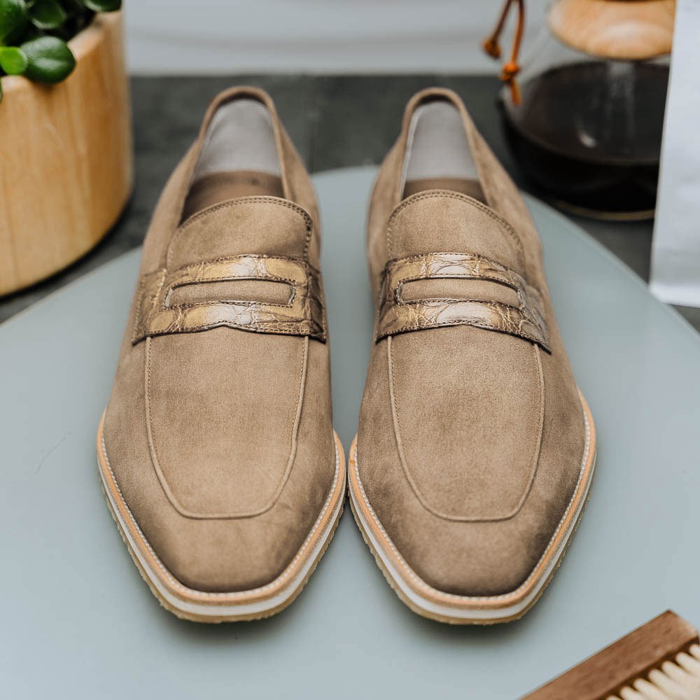 11 - 020 - Tpe Meo 3 Sueded Goatskin Penny Loafer, Taupe Shop by Zelli Italia – Don't Panic Shoes