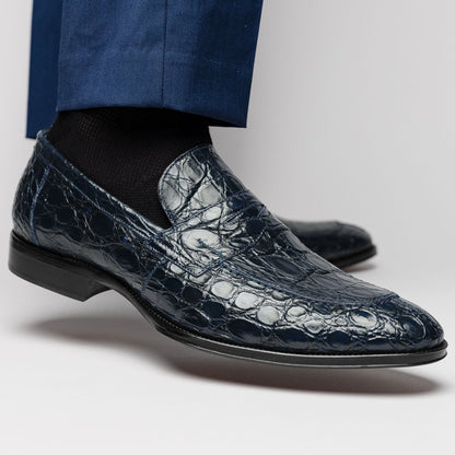 11 - 201 - Nvy Roma Crocodile Penny Loafer, Navy Shop by Zelli Italia – Don't Panic Shoes
