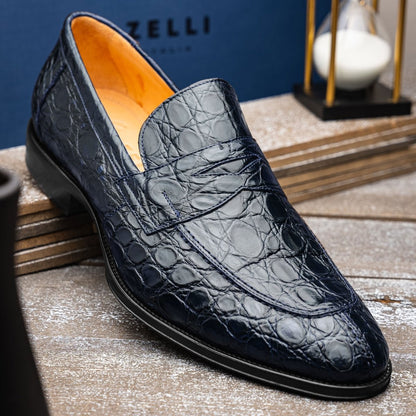 11 - 201 - Nvy Roma Crocodile Penny Loafer, Navy Shop by Zelli Italia – Don't Panic Shoes